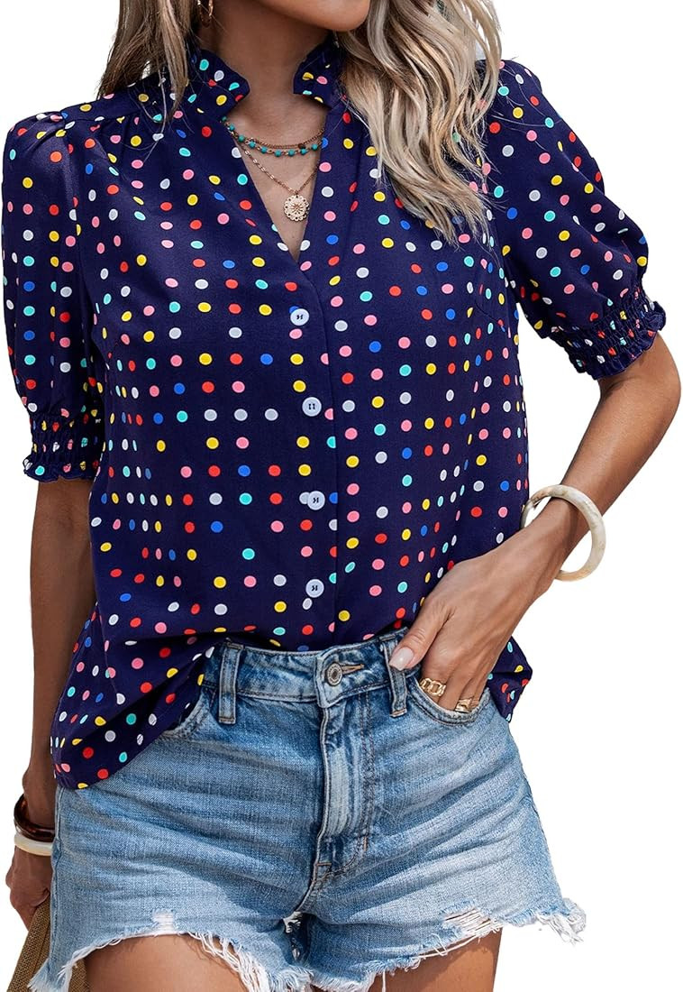 Angashion Womens Tops, Summer Casual Short Sleeve V Neck Solid Flowy Top Loose Tunic Blouses Shir... | Amazon (US)