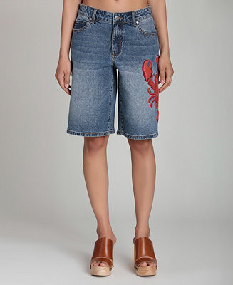 Women's Mid-Rise Lobster Embroidered Denim Shorts | Macy's