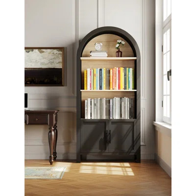 Arched Bookcase With Door And 3 Added Storage - 67.02 Inch Tall Mid-Century Modern Cabinet For Office, Dining Room, Living Room Black Solid Wood & S | Wayfair North America