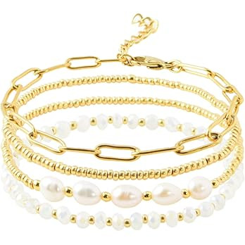 Dainty Gold Pearl Crystal Beaded Bracelets Set for Women 14K Real Gold Plated Bead Pearl Crystal ... | Amazon (US)