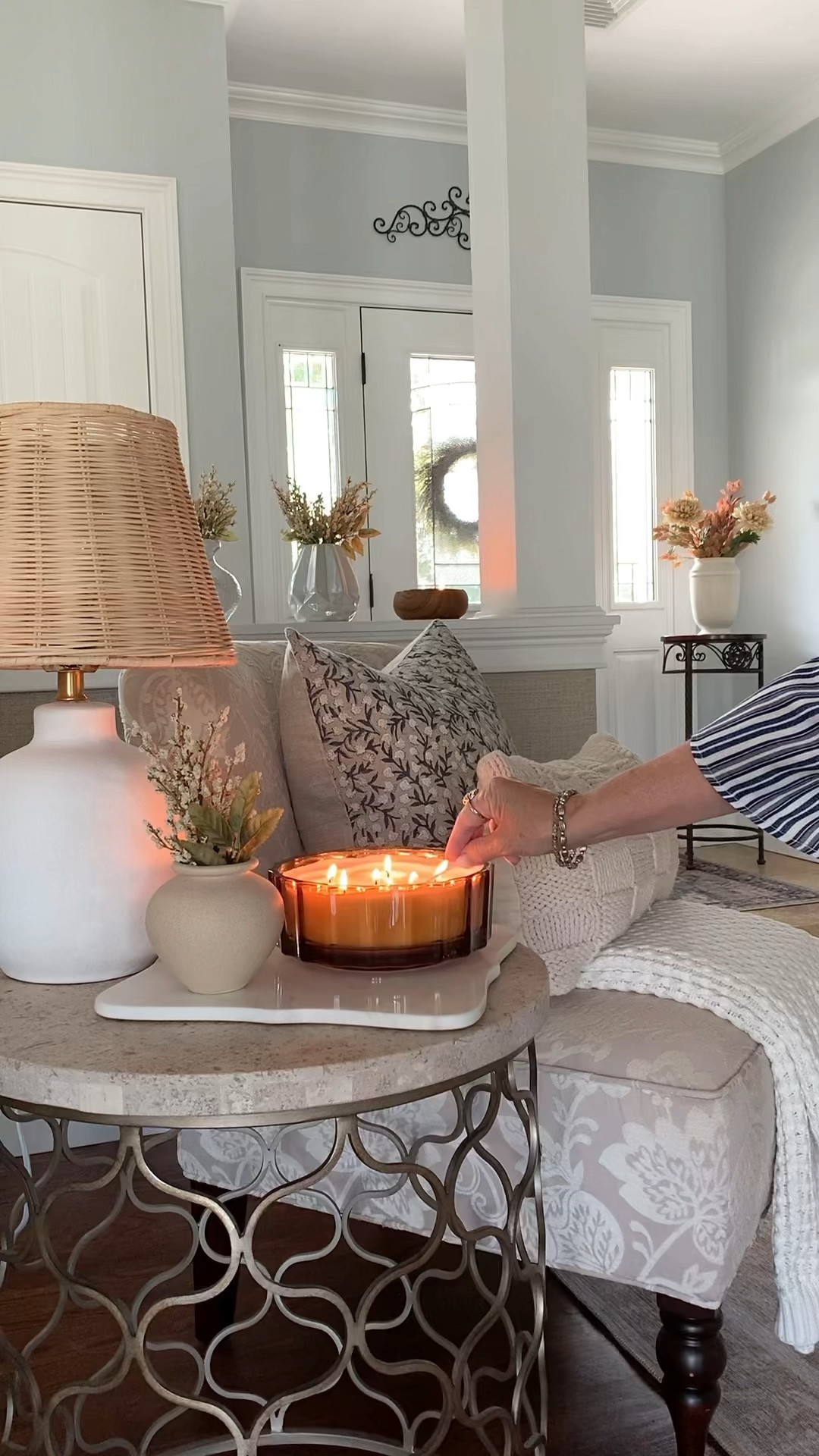 Fall entryway styling decor on sale! . Pretty Amber candle, fall florals, vase for fresh flowers or faux florals, blue and white, neutral throw pillows, white, off white cozy throw blanket, cozy tassel throw blanket, black rattan basket, rattan ceramic lamp, plant stand. Target, Rugs Direct, Williams Sonoma, Walmart home, Krinto, World  Market. Fall decor, neutral fall home, home decor accessories. Classic, modern farmhouse, traditional, modern traditional, transitional home style.  


#LTKSeasonal #LTKhome #LTKsalealert