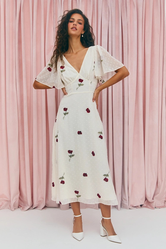 Jolina White Embroidered Swiss Dot Flutter Sleeve Midi Dress | Lulus