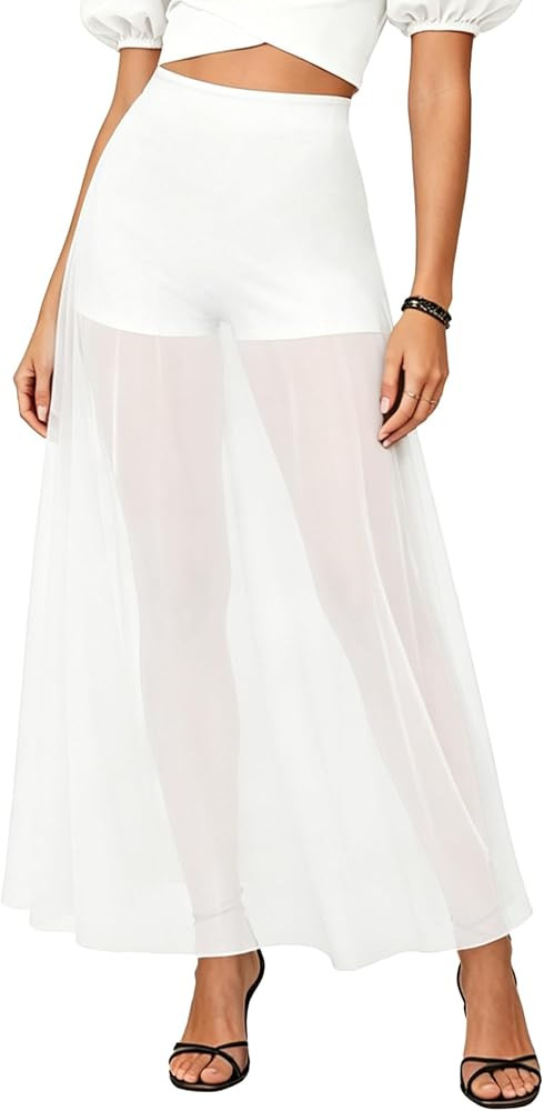 Women's High Waist A-Line Sheer Mesh Maxi Skirt with Built-in Shorts - Trendy See Through Summer ... | Amazon (US)