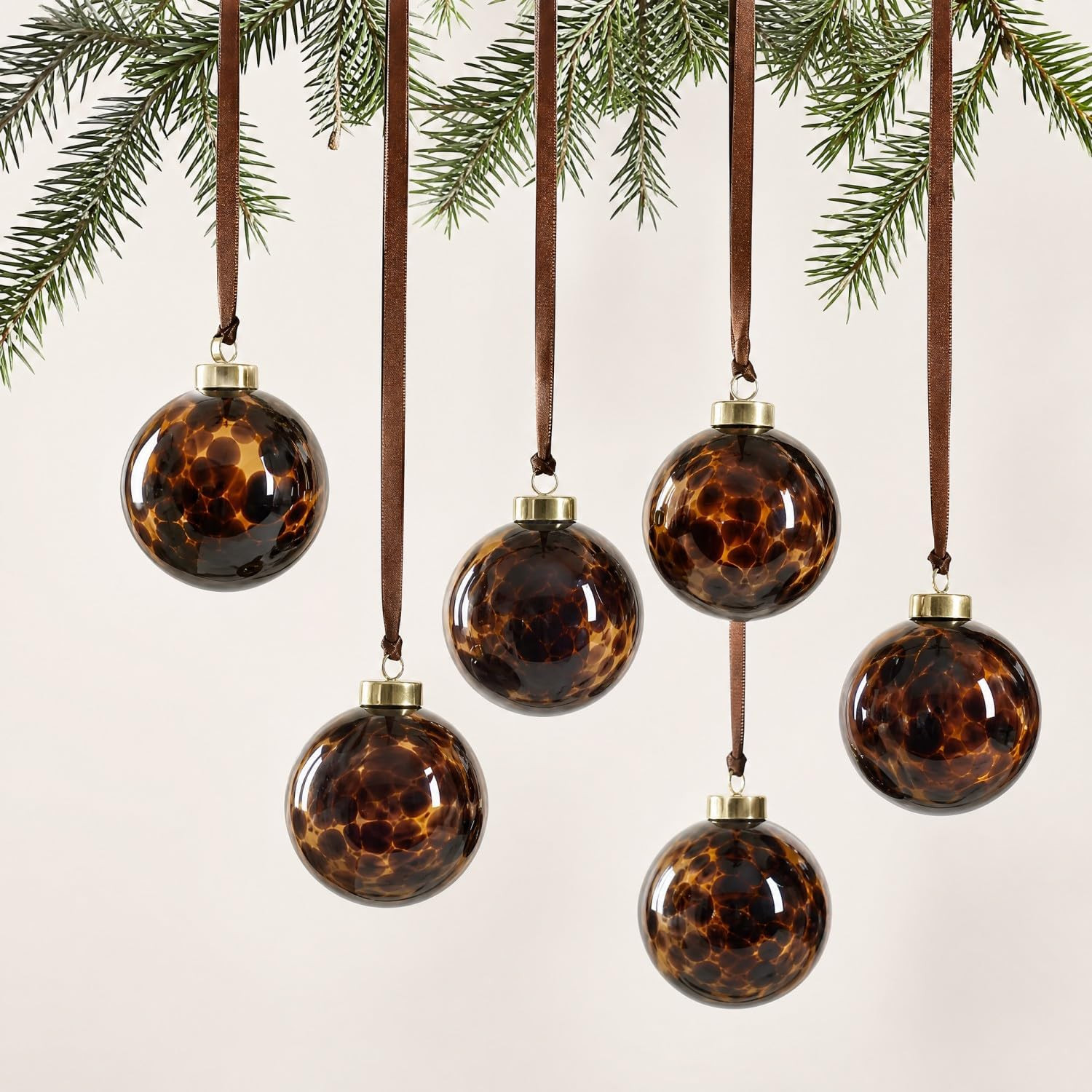 Seenelling 6 Pcs Tortoise Shell Glass Christmas Ornament with Velvet Ribbon | Amazon (US)