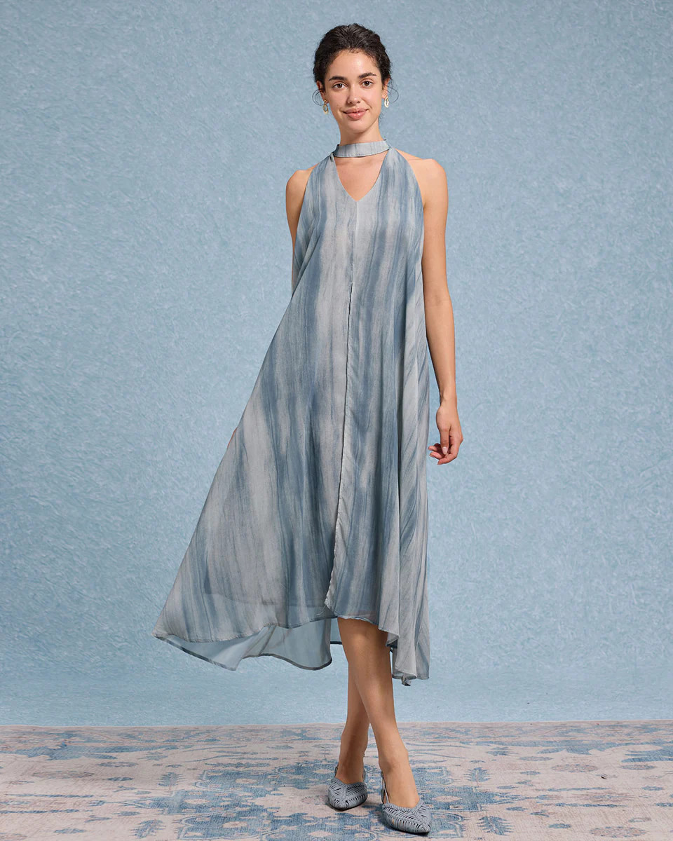 Green Tie Dye V Neck Sleeveless Midi Dress | rihoas.com