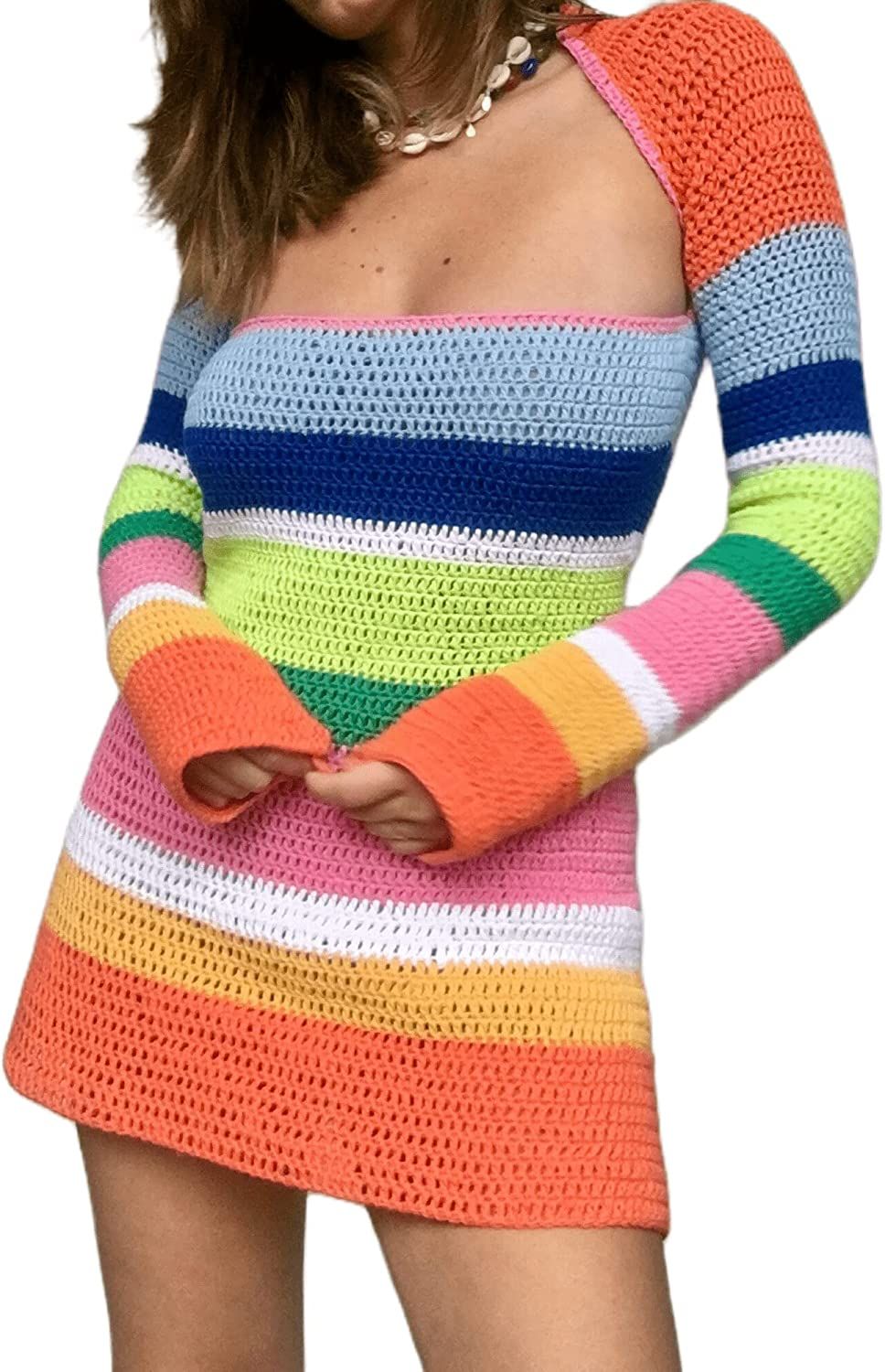 Women Crochet Knit Dress Hollow Out Swimsuit Cover Ups Low Cut Halter Beach Dresses Sundress | Amazon (US)