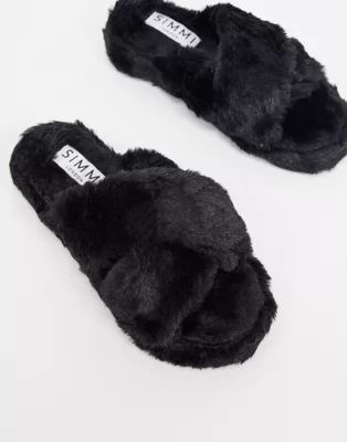 Simmi London fluffy slippers in black | ASOS (Global)