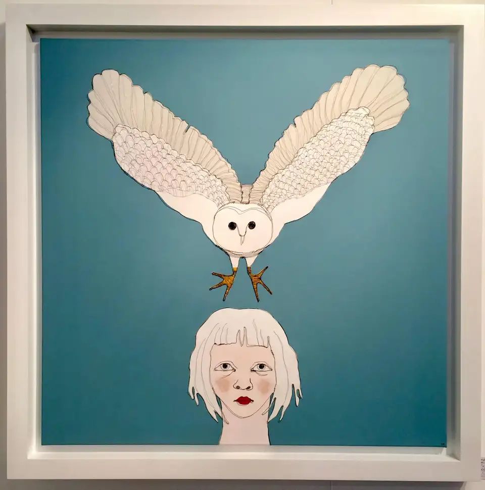 Fiona MorleyChild With Owl, blue wire and oil on canvas with white frame - sculpural art2016 | 1stDibs