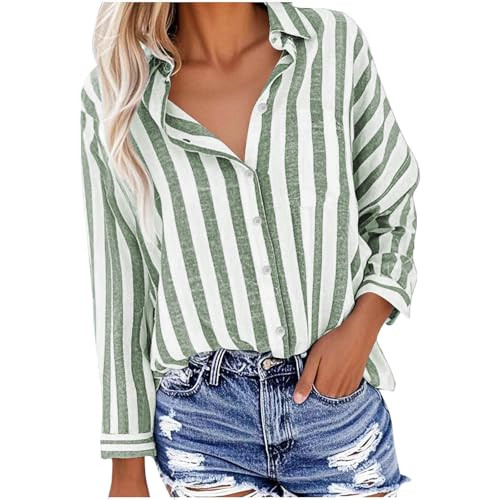 Amazon.com: Womens Cotton Linen Shirt Collared Button Down Long Sleeve Shirts Dressy Casual Strip... | Amazon (US)
