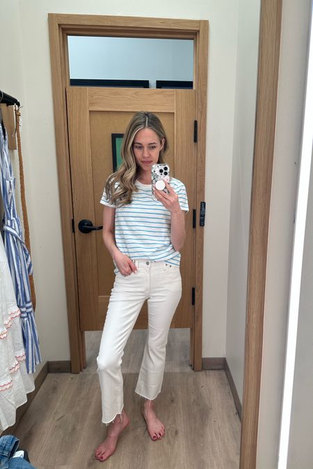 Simple striped t shirt and white cropped (flared!) denim. The perfect spring go-to outfit! Wearing a 24 in the pants and XS in the shirt  

#LTKsalealert
