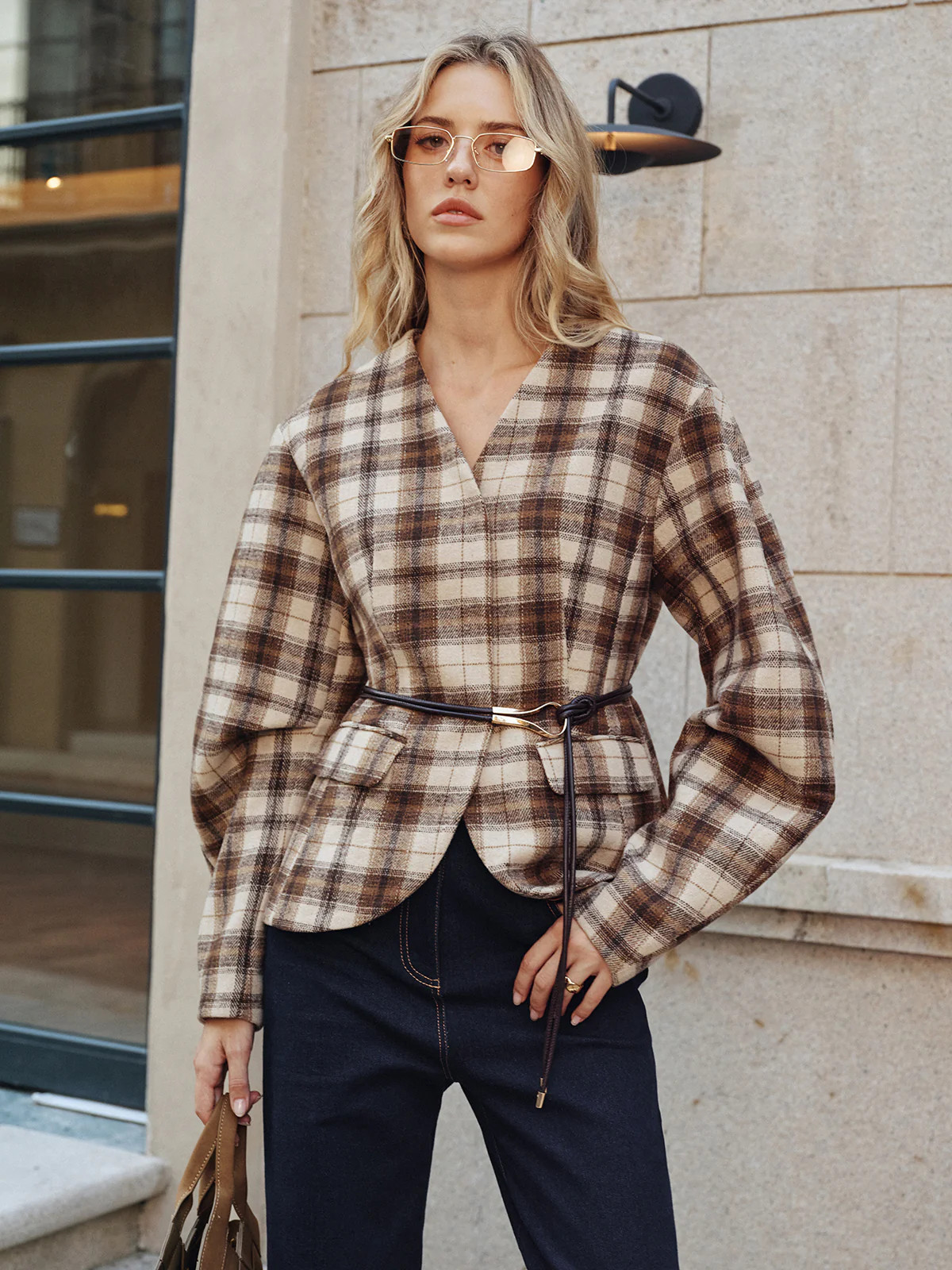 Belted Plaid Tweed Coat | Commense