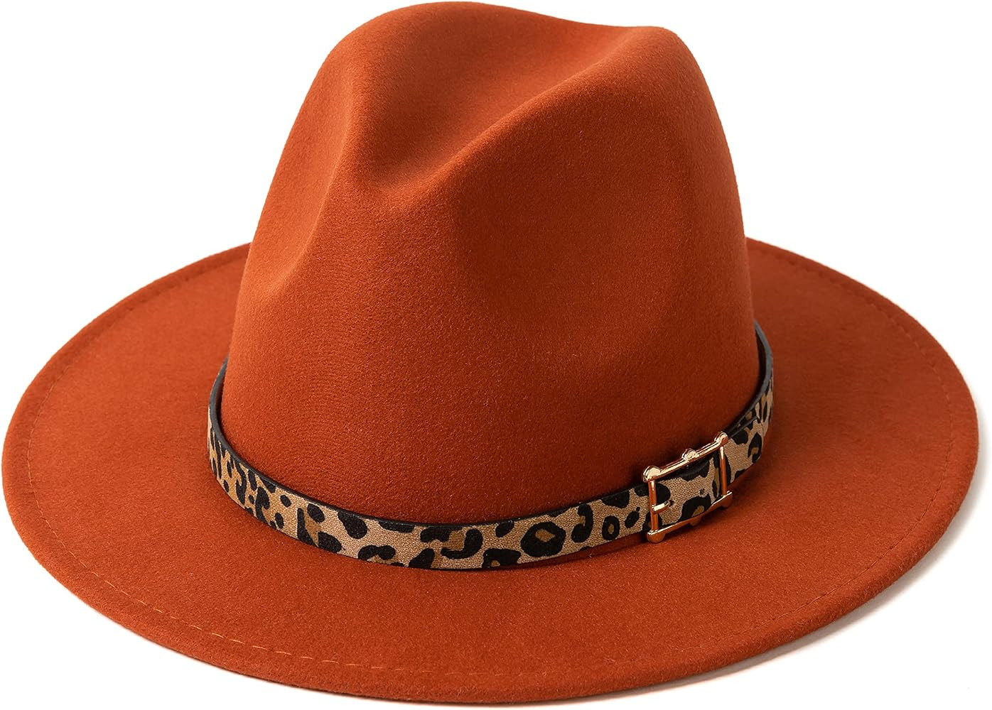 HUDANHUWEI Women's Wide Brim Felt Fedora Panama Hat with Leopard Belt Buckle | Amazon (US)