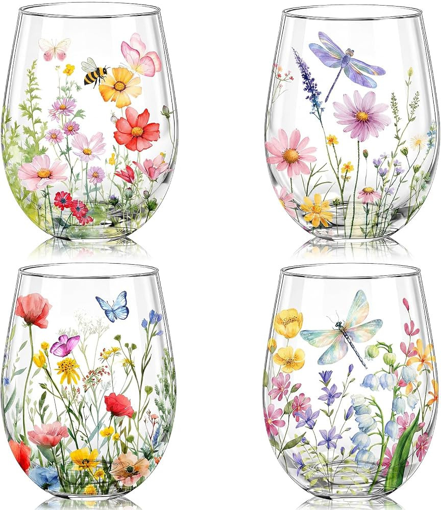 Nuogo 4 Set Summer Wildflower Stemless Wine Glasses 17oz Butterfly Dragonfly Wine Tumblers Cute Summer Glass Cups Gift for Women Mom Bridesmaid Birthday Wedding | Amazon (US)