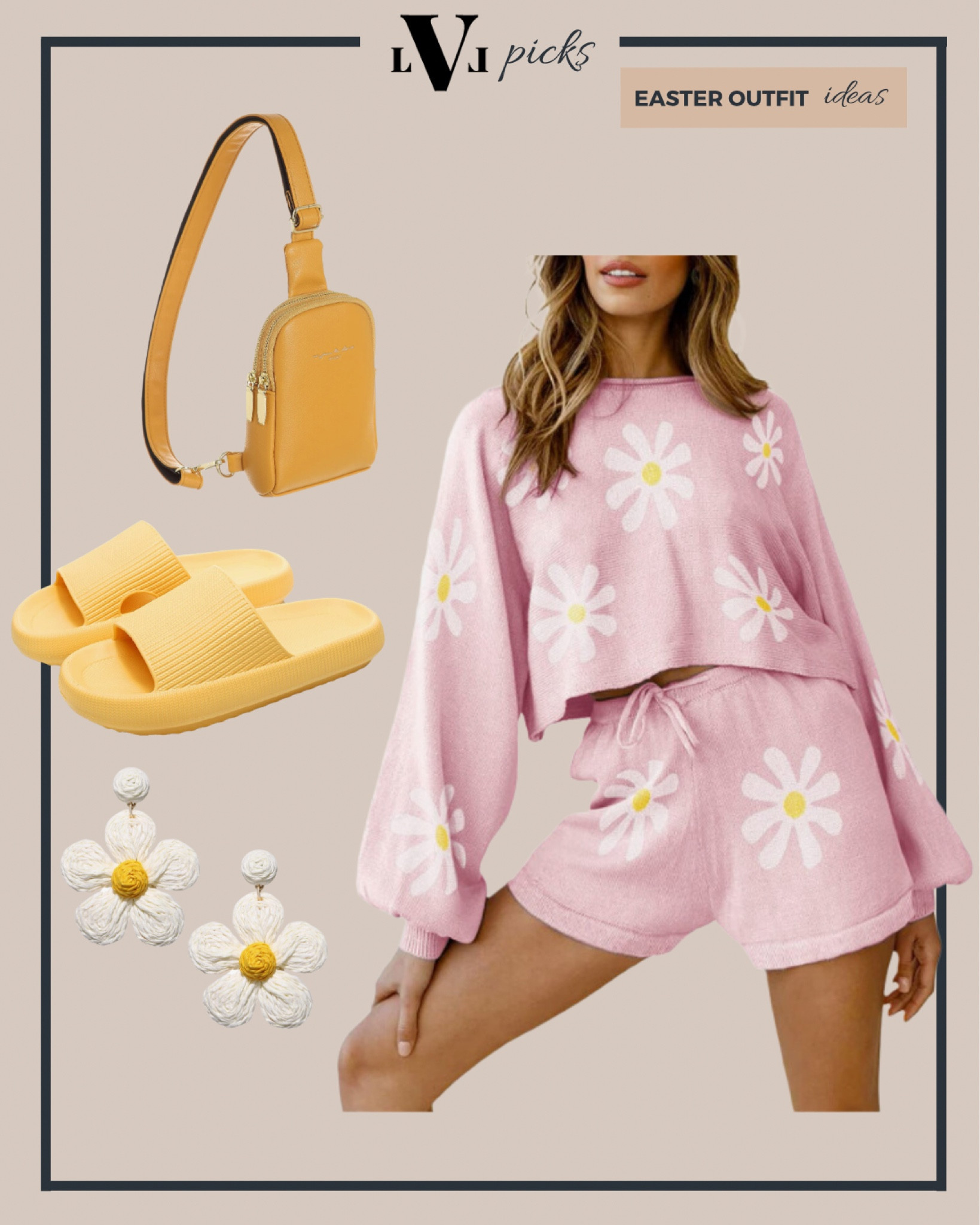 Cute pink and yellow spring outfit with long sleeve shorts set. Casual Easter Sunday outfit idea with cozy shorts set. Daisy print two piece set. Daisy rattan earrings, yellow cushioned recovery sandals and yellow sling bag. 

#LTKSeasonal #LTKstyletip #LTKunder50
