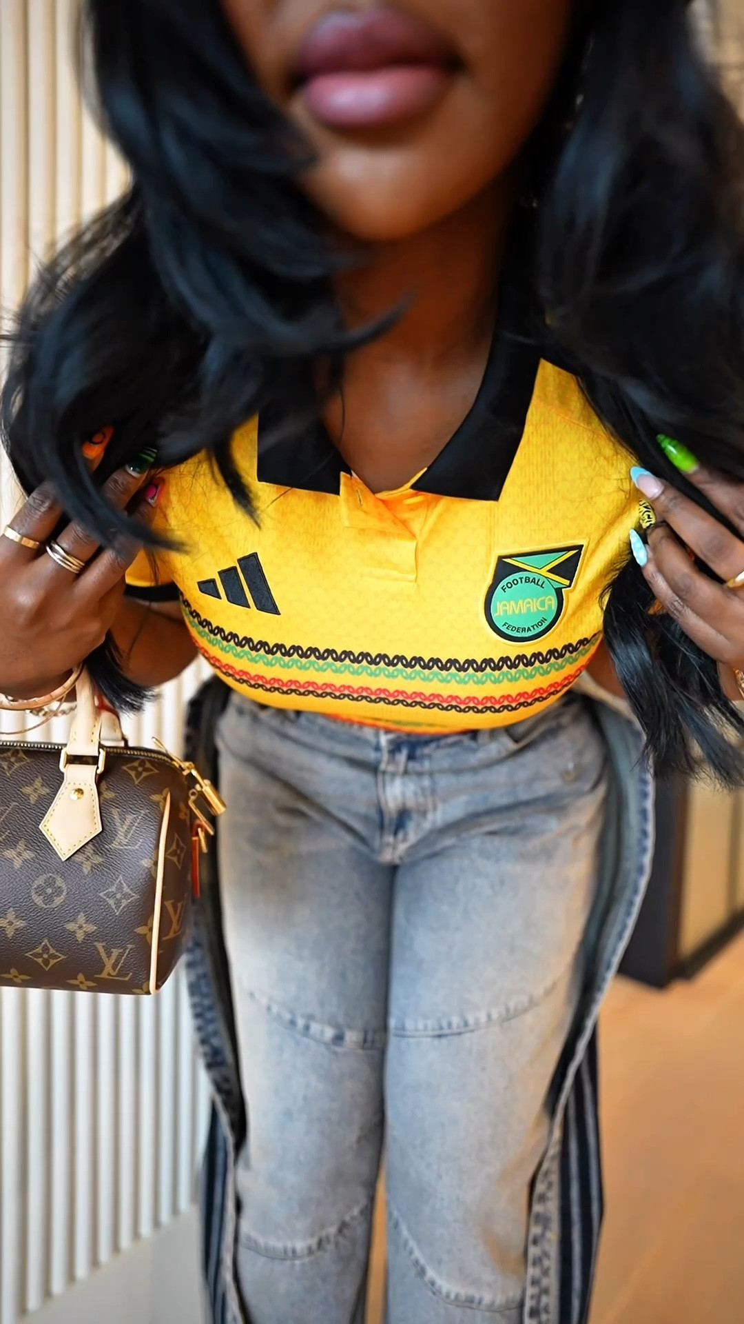 This Jamaica jersey had to come home with me🫶🏾✨the colors are so good. I styled it with denim and  heels for a night out look 😊It’s giving versatility, it’s giving options, it’s giving wear it however you want.
Wearing a size Med in the jerseys and I tied it up in the back

#LTKSaleAlert #LTKootd #LTKActive