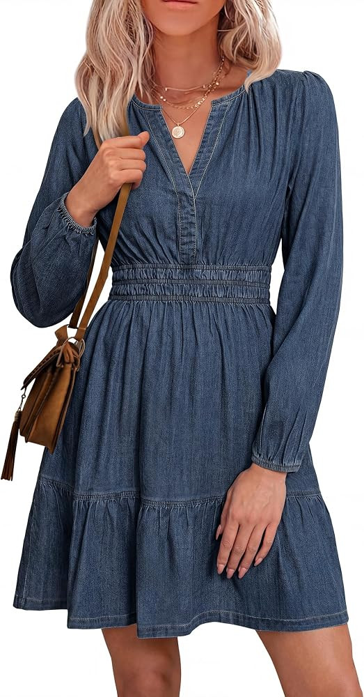 Simplee Womens Fall Denim Dress Casual Long Sleeve V Neck Empire Waist Ruffle A Line Flowy Short ... | Amazon (US)