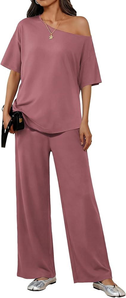 Ekouaer Lounge Sets for Women Off Shoulder Short Sleeve Tops and Long Pants 2 Piece Set Summer So... | Amazon (US)