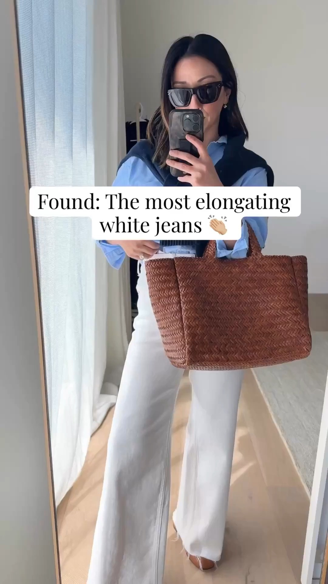 The most flattering white jean! Everlane’s way high 2.0 sailor jeans. High rise wide leg. I did have to cut the hems on these.

Gap Big Shirt petite xs
Everlane sailor jeans 25, but hems
Everlane cotton sweater xs
Everlane ballet flats 5
Marea tote - sold out, linked similar 
Celine sunglasses 
Electric picks earrings
Dorsey James necklace 15”

Spring outfits 2026, white jeans, petite style

#LTKootd #LTKmomlife #LTKSaleAlert