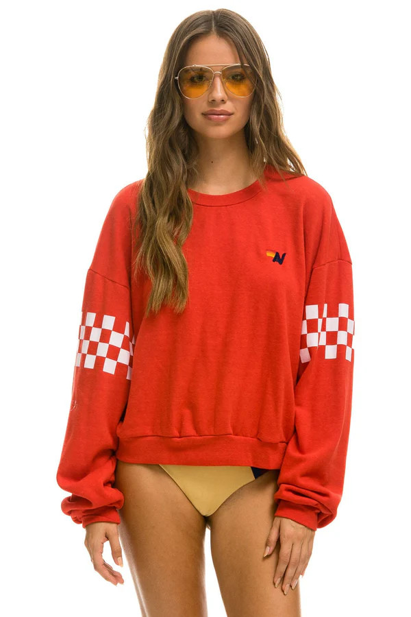 CHECK 2 SLEEVE RELAXED CREW SWEATSHIRT - RED // WHITE | Aviator Nation