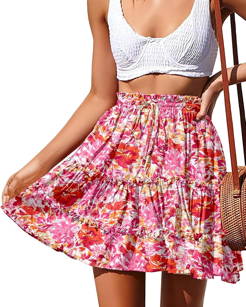 NASHALYLY Women's Summer Boho Floral Print Mini Skirt High Waist Drawstring Tiered Skirts | Amazon (US)