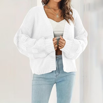 Women's Chunky Open Front Cable Knit Sweater Cardigan with Lantern Sleeves,White - L | Target