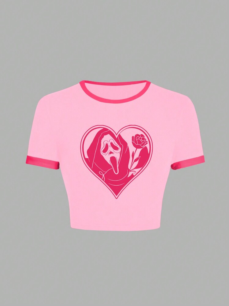 SHEIN EZwear Women's Casual Scream Pumpkin & Rose Print Short Sleeve Round Neck Slim Fit T-Shirt, Suitable For Summer Suitable For Going Out Halloween | SHEIN