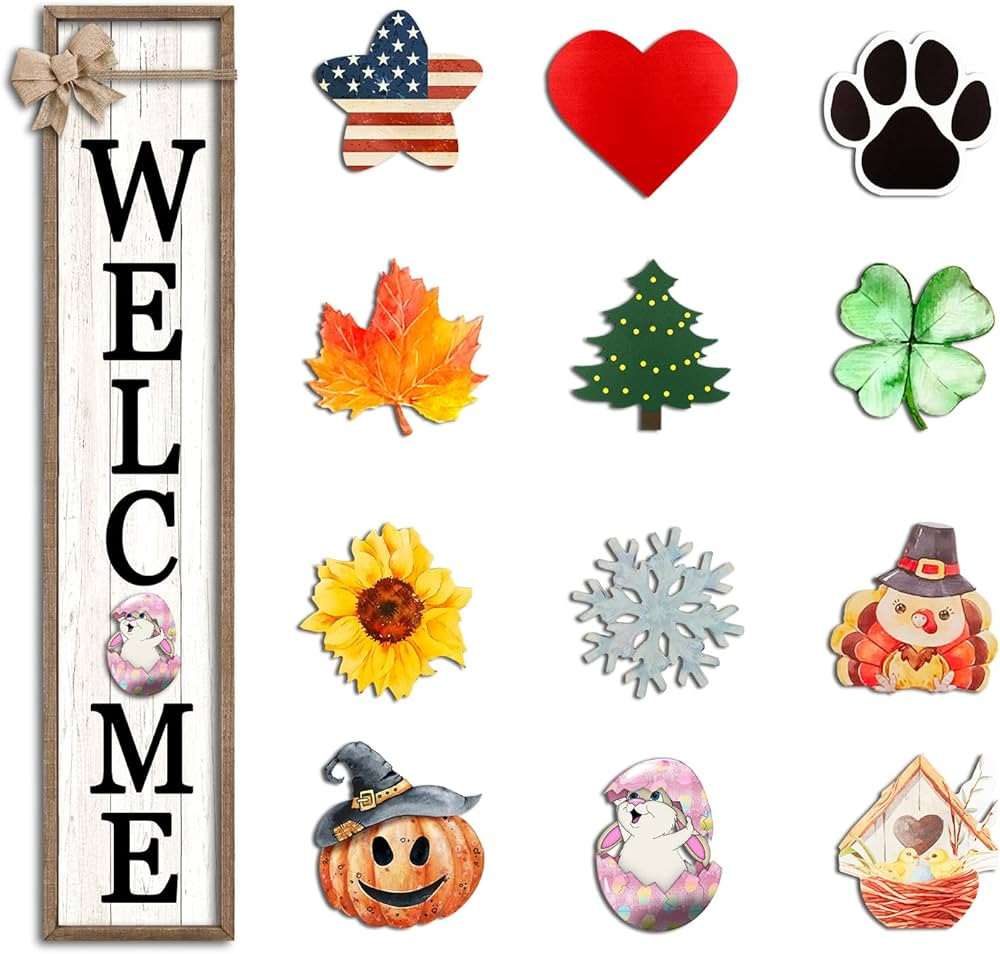 Interchangeable Welcome Sign for Front Porch Standing 45"X9" Large with 12 Pcs Replaceable Icons ... | Amazon (US)