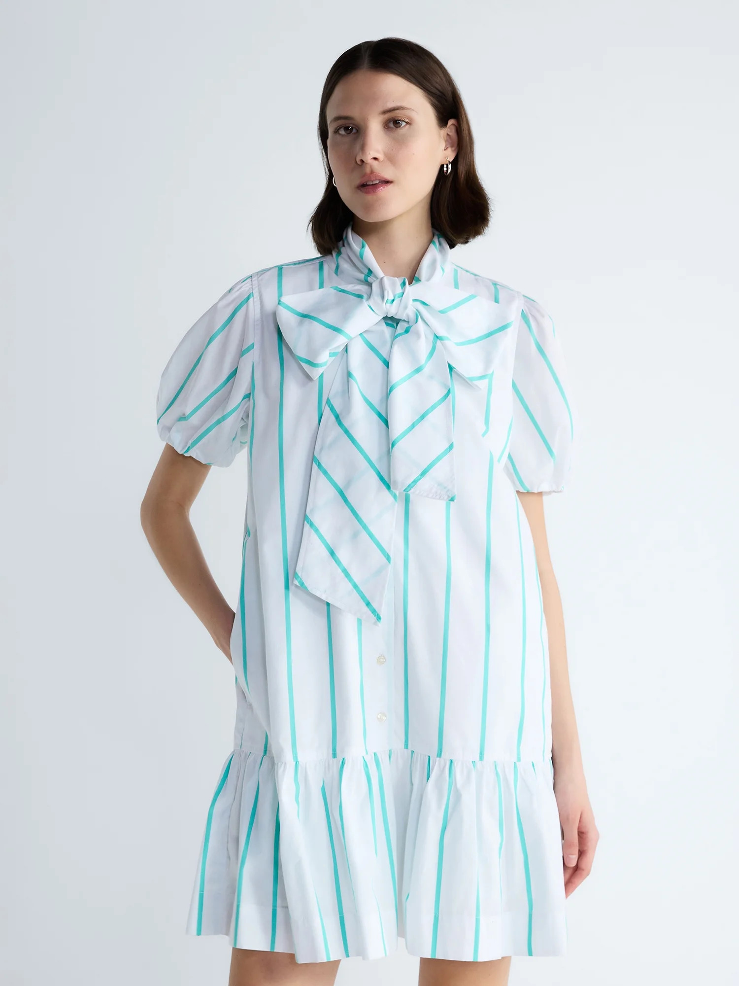 Free Assembly Women's Tie Neck Striped Cotton Mini Dress, Sizes XS-4X | Walmart (US)