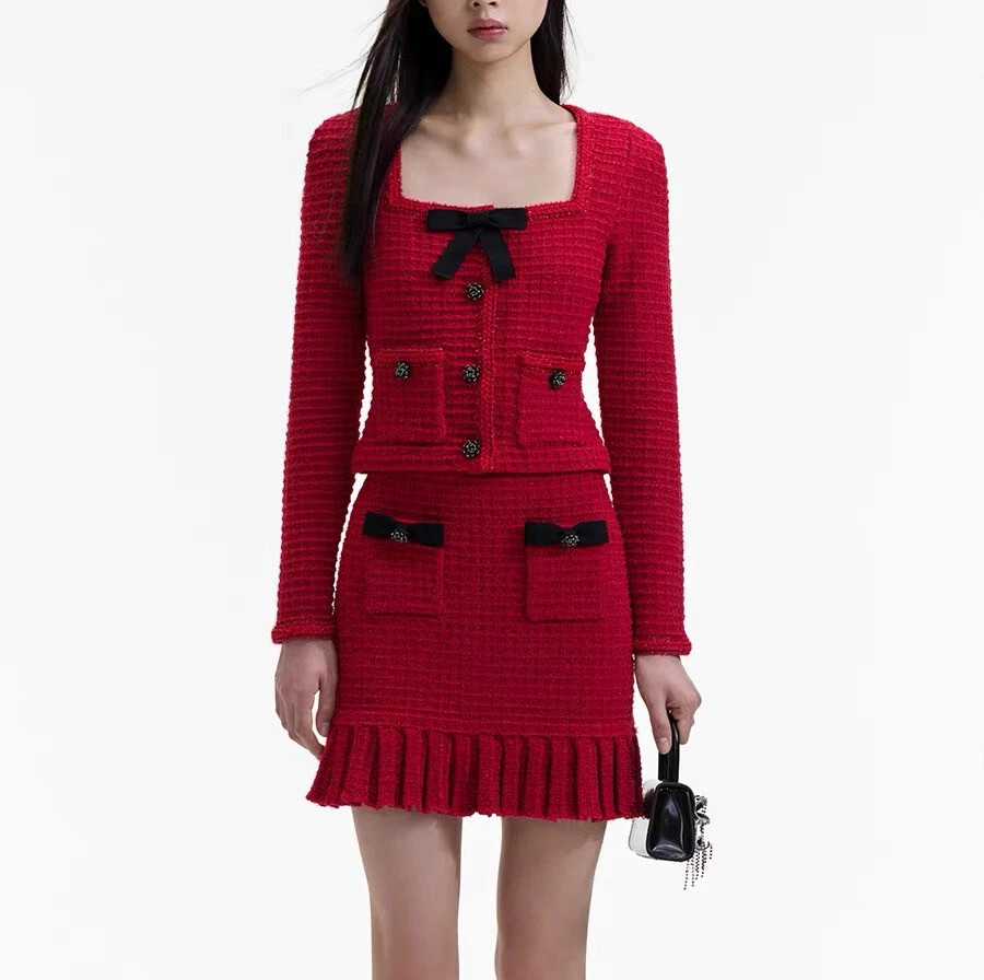 Self-Portrait Viscose knit Bow Square Neck Tops/ Mini skirt for Ladies Red | eBay US