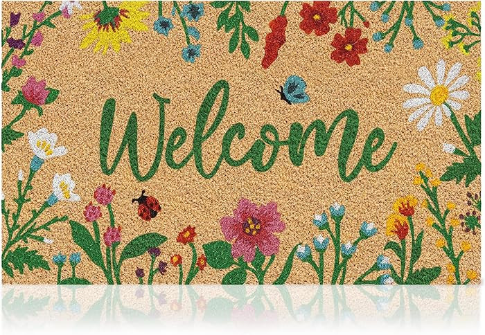 Floral - 17"x29" - Coir Door Mat with Heavy Duty Backing - Welcome Mats for Entryway, Porch - Ant... | Amazon (US)