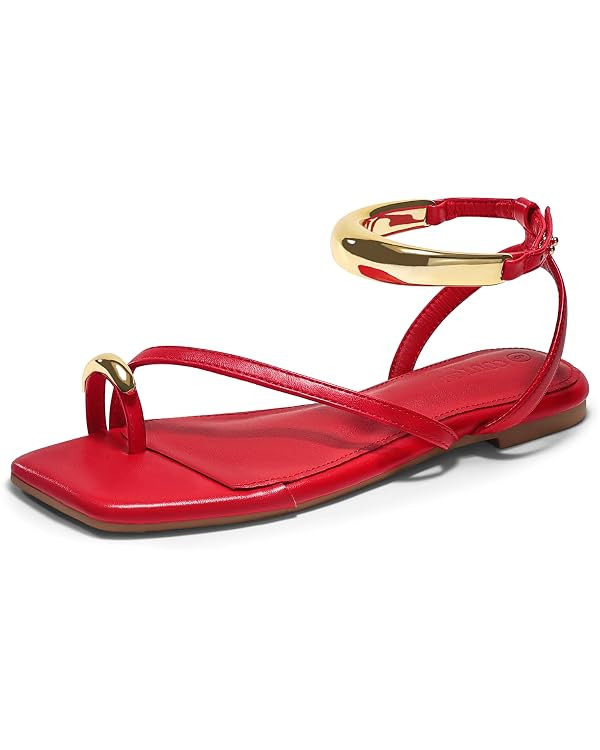 Amazon.com | Coutgo Womens Strappy Flat Sandals Flip Flops Open Toe Ring Sandals Metal Ankle Stra... | Amazon (US)