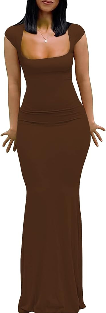 Womens Summer Cap Sleeve Square Neck Elegant Casual Lounge Bodycon Slim Maxi Evening Party Long Dres | Amazon (US)