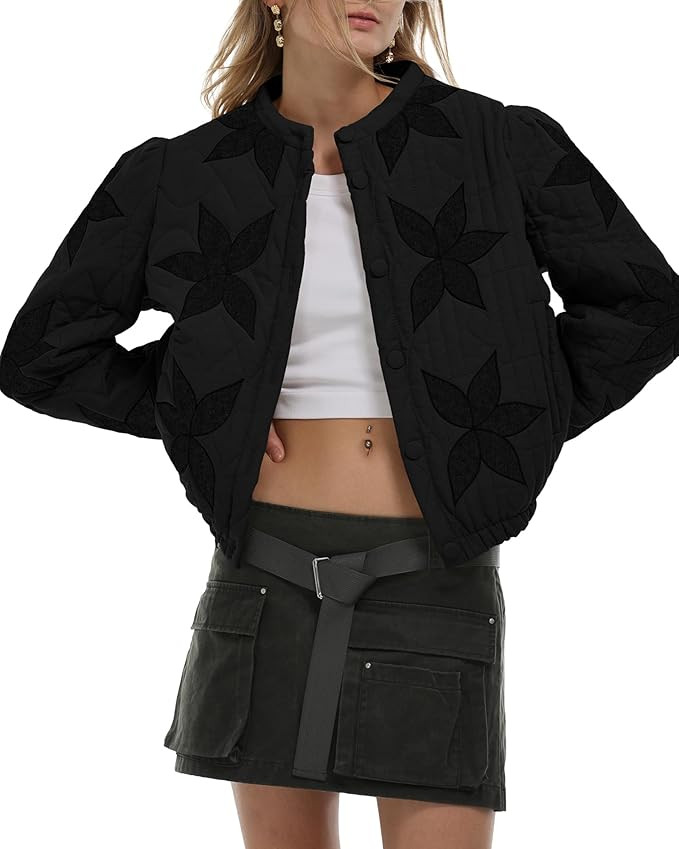 Gacaky Women's Lightweight Floral Embroidered Cropped Quilted Jacket Winter Warm Button Down Puff... | Amazon (US)
