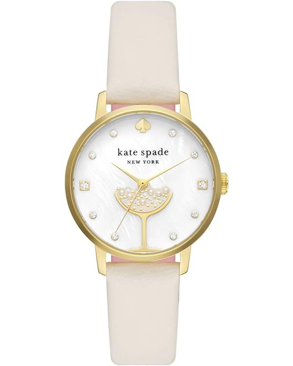 Kate Spade New York Women's Metro Three-Hand Champagne Gold-Tone Stainless Steel and White Leathe... | Amazon (US)