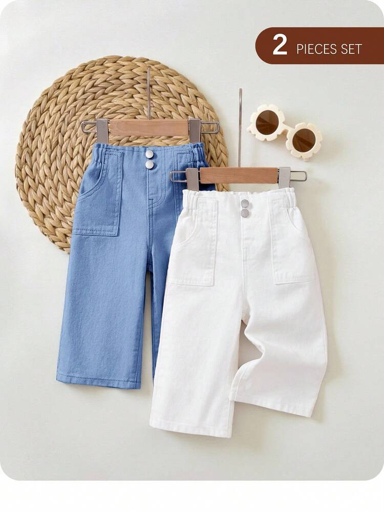 SHEIN SHEINBaby Girls 2pcs/Set White And Pink Loose Straight Leg Jeans,Kid Girls Spring And Summer Casual Vacation Country Boho Wear, Beach Outfits For Kid Girls,Western Street Wear For Girl,Spring Break Outfits,Rave Outfits Festival Denim Pants, Fall Winter | SHEIN