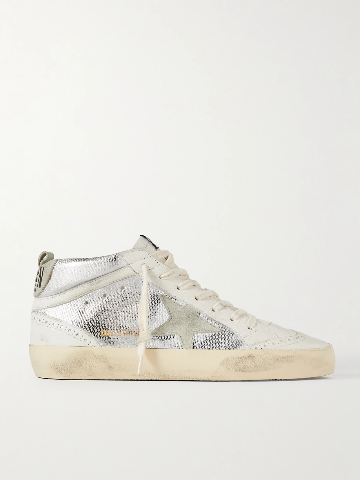 Golden Goose - Mid Star Distressed Suede-trimmed Metallic Snake-effect Leather Sneakers - Silver | NET-A-PORTER (US)