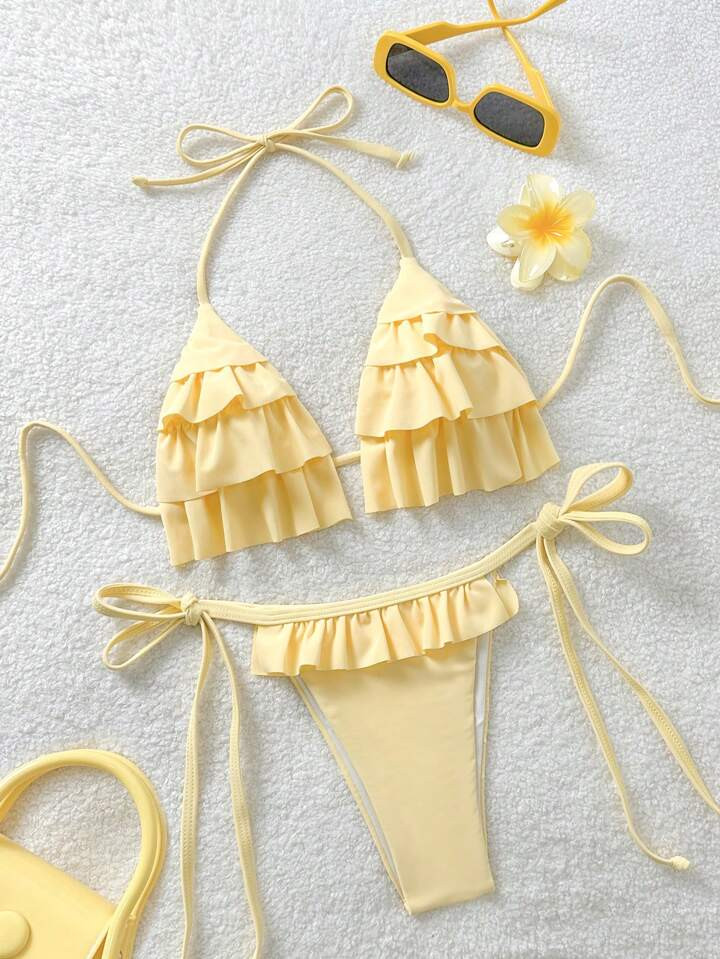 Soleia Holiday Outfits Summer Outfits Vacation Outfits Woman Summer Outfits For Women Bathing Suits For Women Butter Yellow Rave Outfits Festival Beach Outfits For Woman Pool Party Outfit Island Vacation Outfits Butter Yellow Women's New Swimsuit With Layered Ruffles, Vintage Romantic Elegant Sexy Party Solid Color Bikini Set With Side Tie Bottoms, Tie Neck Top | SHEIN