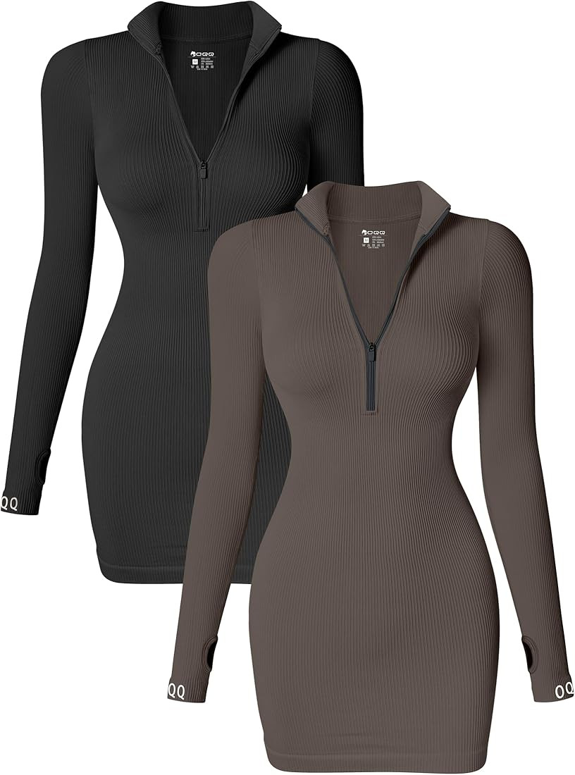OQQ Women's 2 Piece Dresses Sexy Ribbed Zip Front Long Sleeve Tops Mini Dress | Amazon (US)