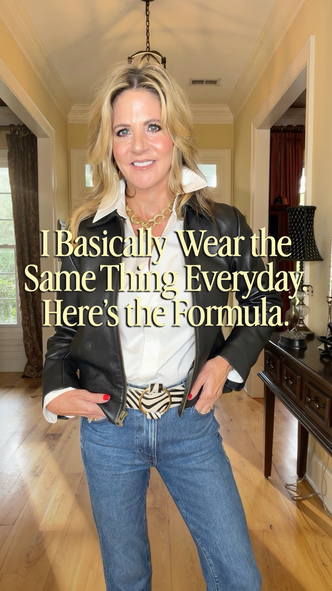 My top 6 non negotiables that make up my “uniform”. Once you find your uniform, getting dressed becomes so much easier!

I’m in a XS in the blouse, 25 in the jeans, small in the belt, XS in the jacket & shoes are TTS (39).

@Quince