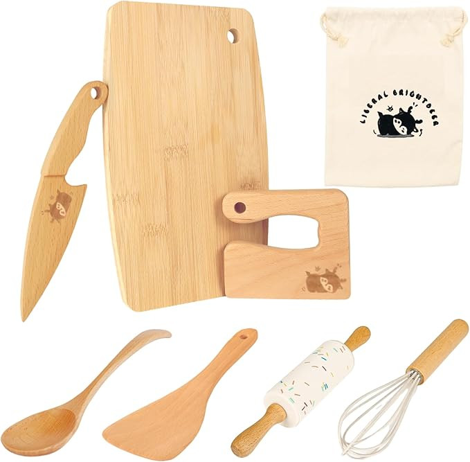 Wooden Kids Safe Knife and Kids Baking Set for Real Cooking, 8 PCS Toddler Montessori Kitchen Too... | Amazon (US)