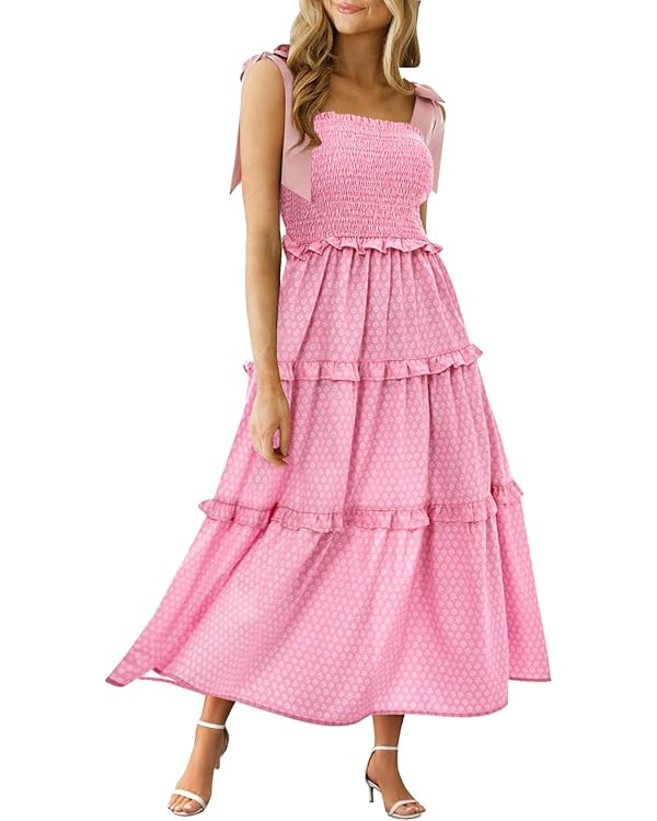 Wenrine Womens Summer Floral Maxi Dress Smocked Tie Shoulder Boho Sleeveless Ruffle Tiered Casual... | Amazon (US)