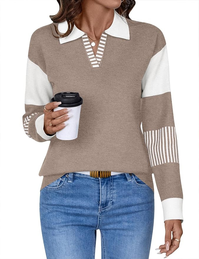 LOMON V Neck Long Sleeve Loose Sweaters Color Block Striped Knitted Pullover Jumper Tops | Amazon (US)