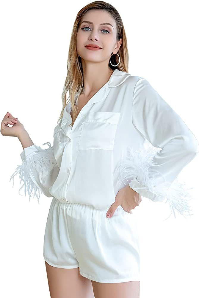 SAPJON Women's Feather Trim Silk Satin Pajama Set 2 Pieces Long Sleeve Feather Top With Shorts Loung | Amazon (US)
