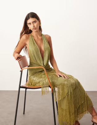ARRANGE beaded fringe plunge cowl neck maxi dress in olive | ASOS (Global)