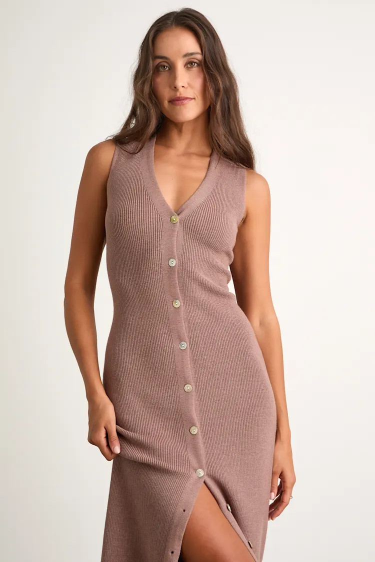 Emelyne Light Brown Ribbed Button-Front Sweater Midi Dress | Lulus