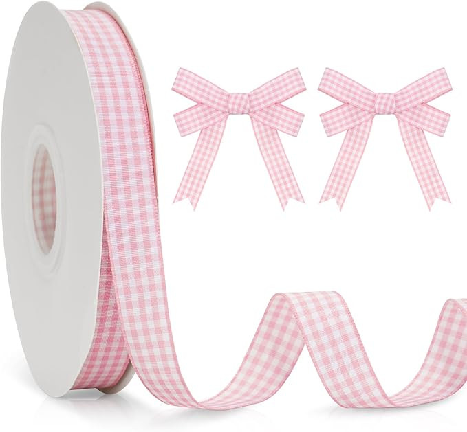 KINGLAKE Pink and White Gingham Ribbon 5/8" x 50Yd Pink Plaid Buffalo Checkered Gifts Ribbon for ... | Amazon (US)