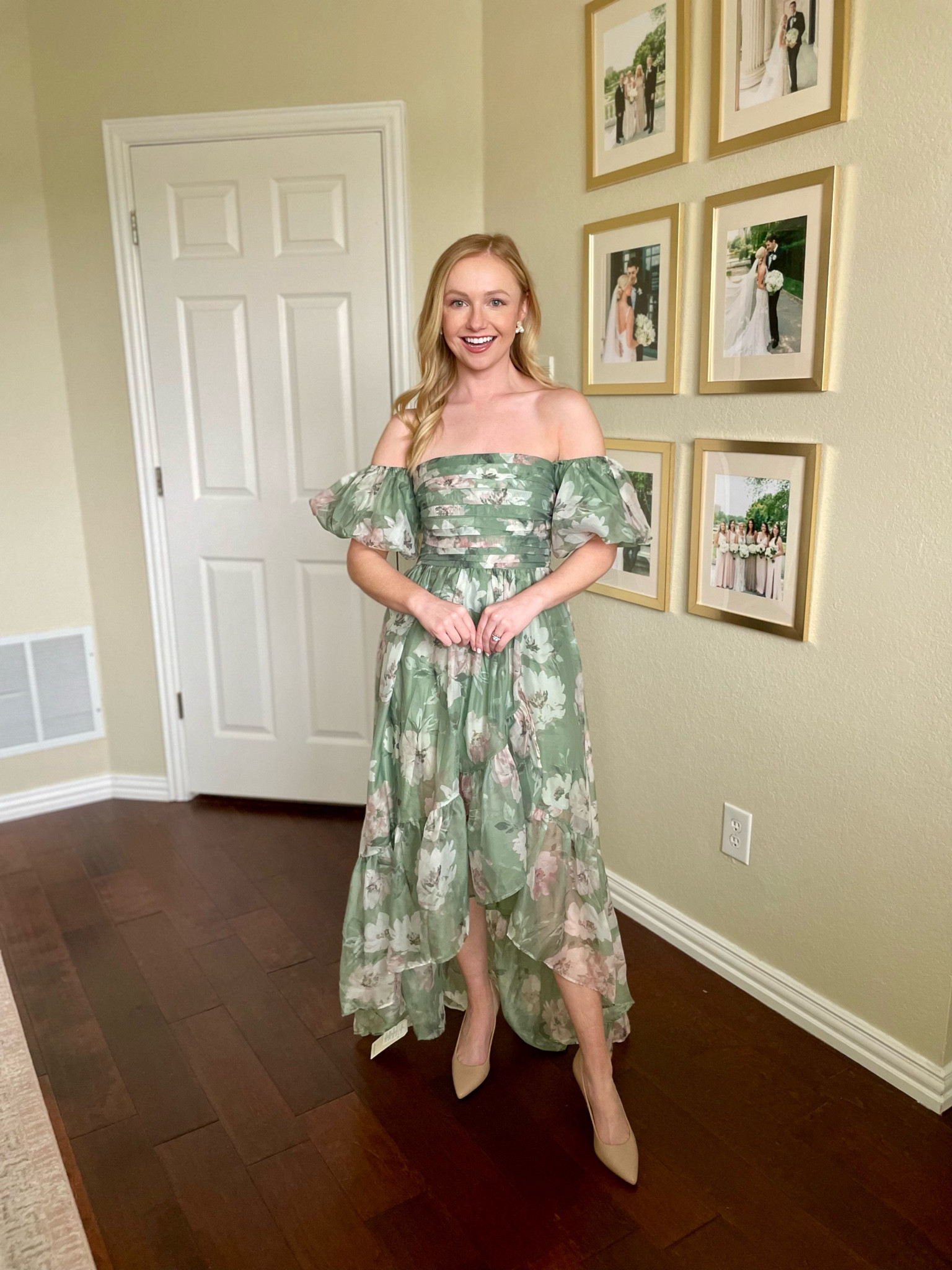 Love how whimsical this dress feels! Wearing an XS regular | floral dress, spring wedding guest dress, occasion dress, formal dress, bridal shower dress, floral dress, green dress 

#LTKWedding #LTKSeasonal #LTKPetite