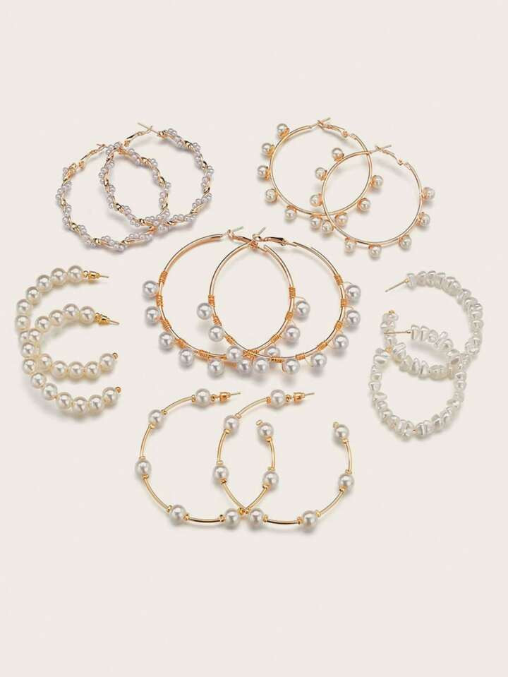 6pairs Fashionable Imitation Pearl Woven Large Hoop Earrings Suitable For Daily Wear | SHEIN