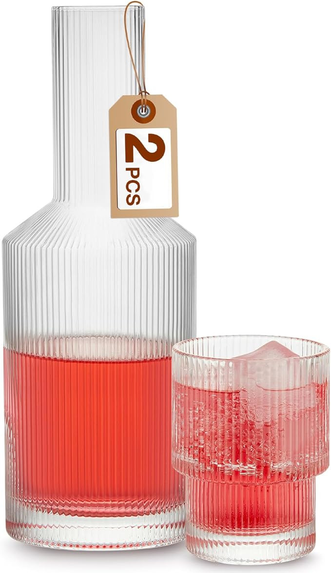 Large Bedside Carafe and Glass Set, Gencywe 28 OZ Pitcher & 6 OZ Cups, Vintage Glass Bedside Wate... | Amazon (US)