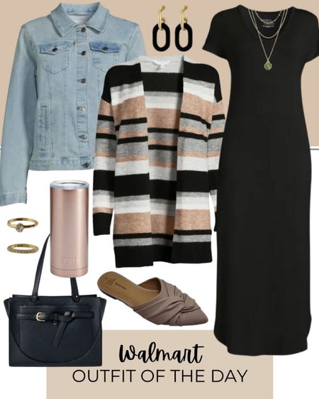 Walmart outfit inspiration includes black t-shirt dress, light wash jean jacket, stripped cardigan, black purse, twist mules, rings, travel mug, black and gold earrings, and gold necklace.

Walmart fashion, Walmart finds, fall fit, fall outfit, outfit inspiration, work outfit, dressy outfit, dressy casual outfit

#LTKfit #LTKworkwear #LTKstyletip